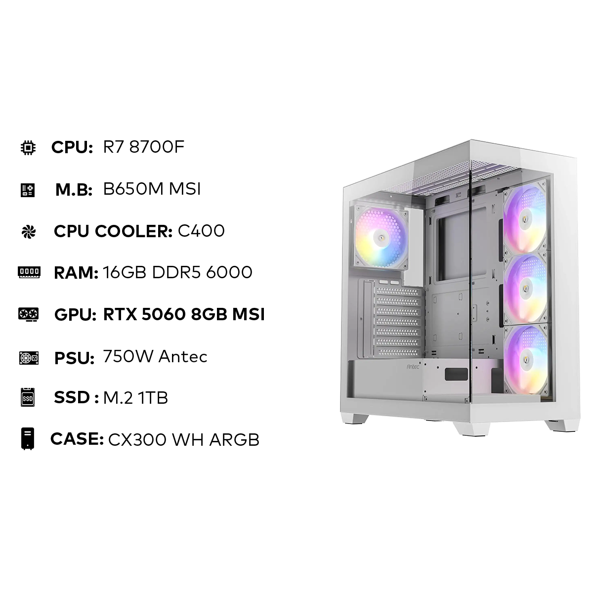 R7 8700F | 16GB DDR5 6000MHz | RTX 5060 8GB MSI | 1TB NVMe | 750W تجميعة