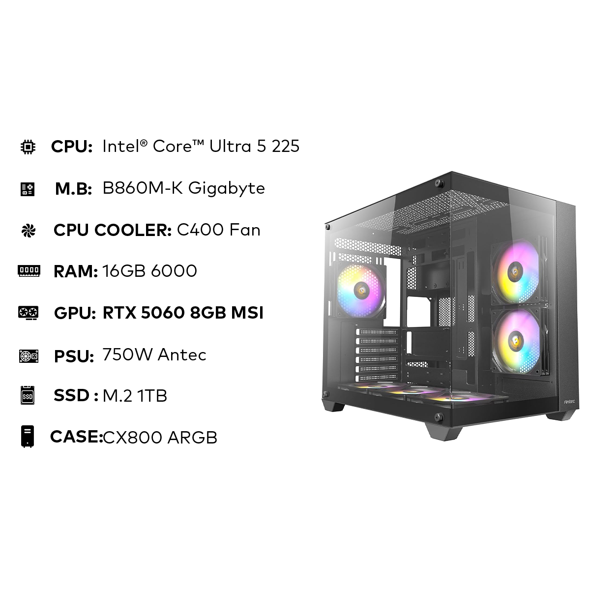 تجميعة مقترحة Intel Ultra 5 225 | 16GB 6000MHz | RTX 5060 8GB | 1TB NVMe | 750W