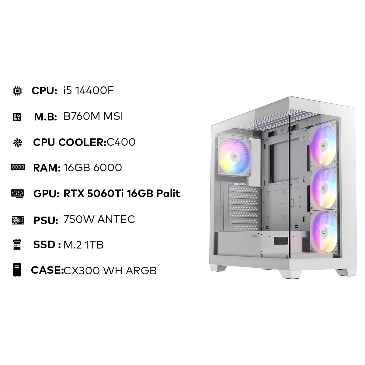 R5 7600X | 16GB 6000MHz | RTX 5060Ti 16GB Palit | 1TB NVMe | 650W تجميعة