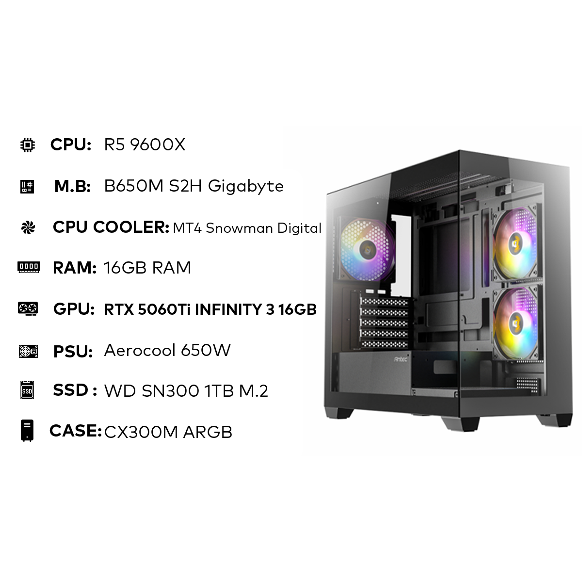 تجميعة مقترحة R5 9600X Gaming PC | 16GB DDR5 | RTX 5060Ti 16GB | 1TB SSD | 650W