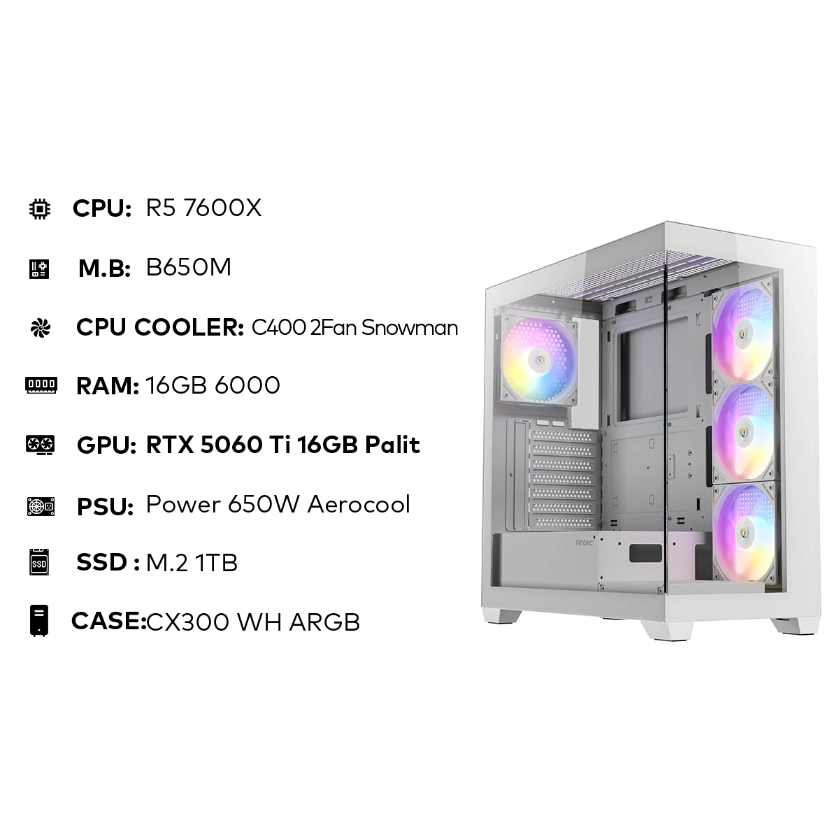 R5 7600X | 16GB 6000MHz | RTX 5060Ti 16GB Palit | 1TB NVMe | 650W تجميعة