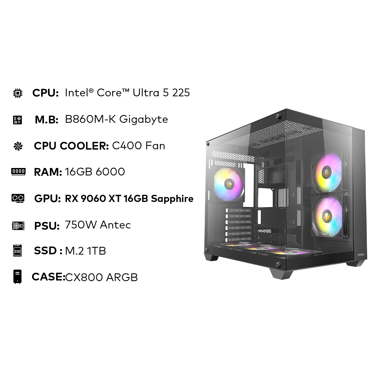 تجميعة مقترحة Intel Ultra 5 225 | 16GB 6000MHz | RX 9060 XT 16GB | 1TB NVMe | 750W