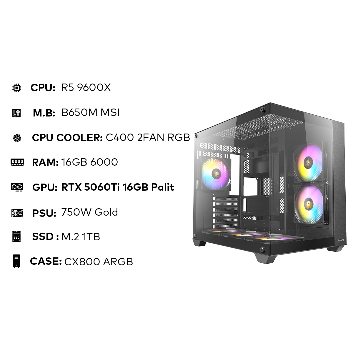 R5 9600X | 16GB 6000MHz | RTX 5060Ti 16GB Palit | 1TB NVMe | 750W Gold تجميعة