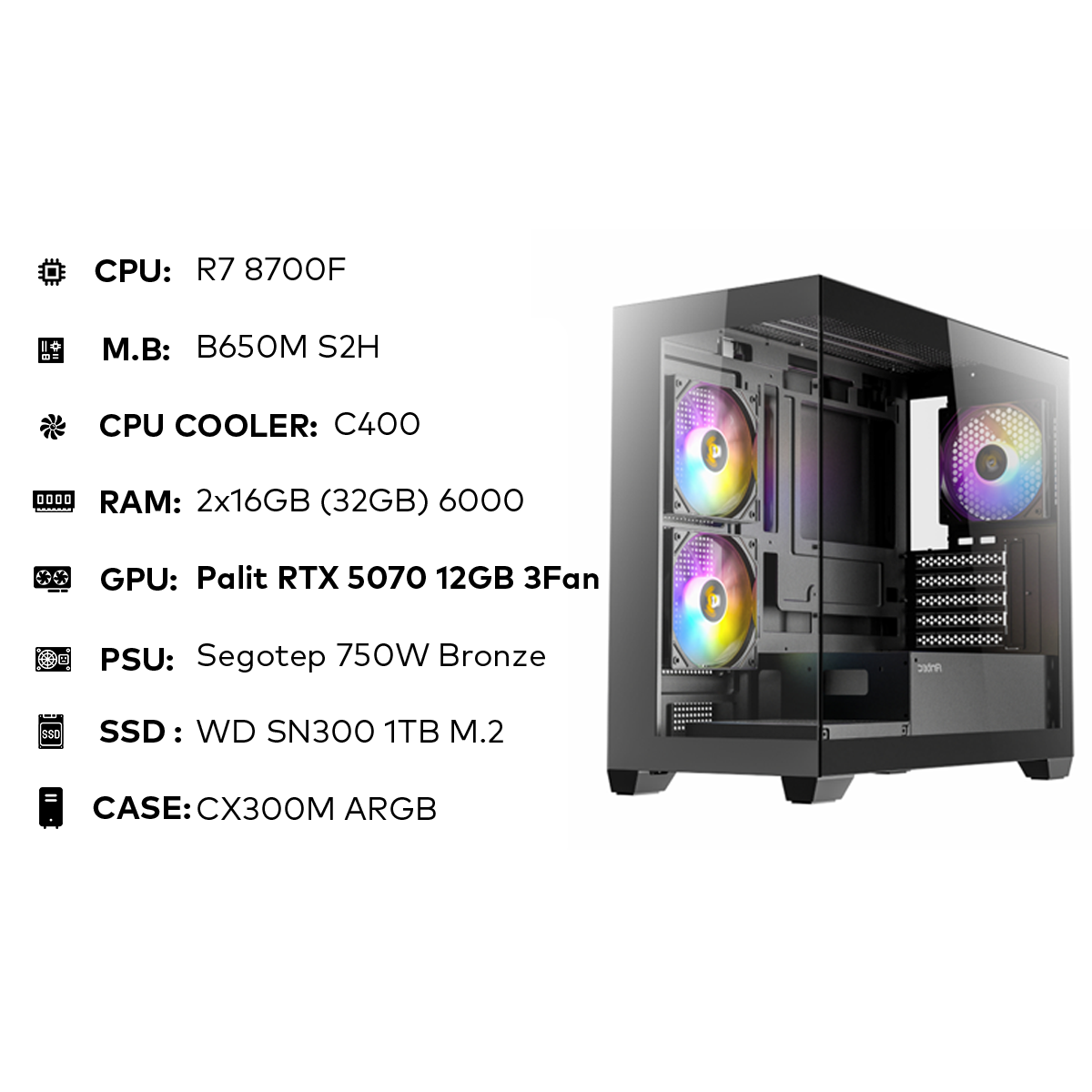 تجميعة مقترحة R7 8700F Gaming PC | 32GB DDR5 | RTX 5070 12GB | 1TB SSD | 750W