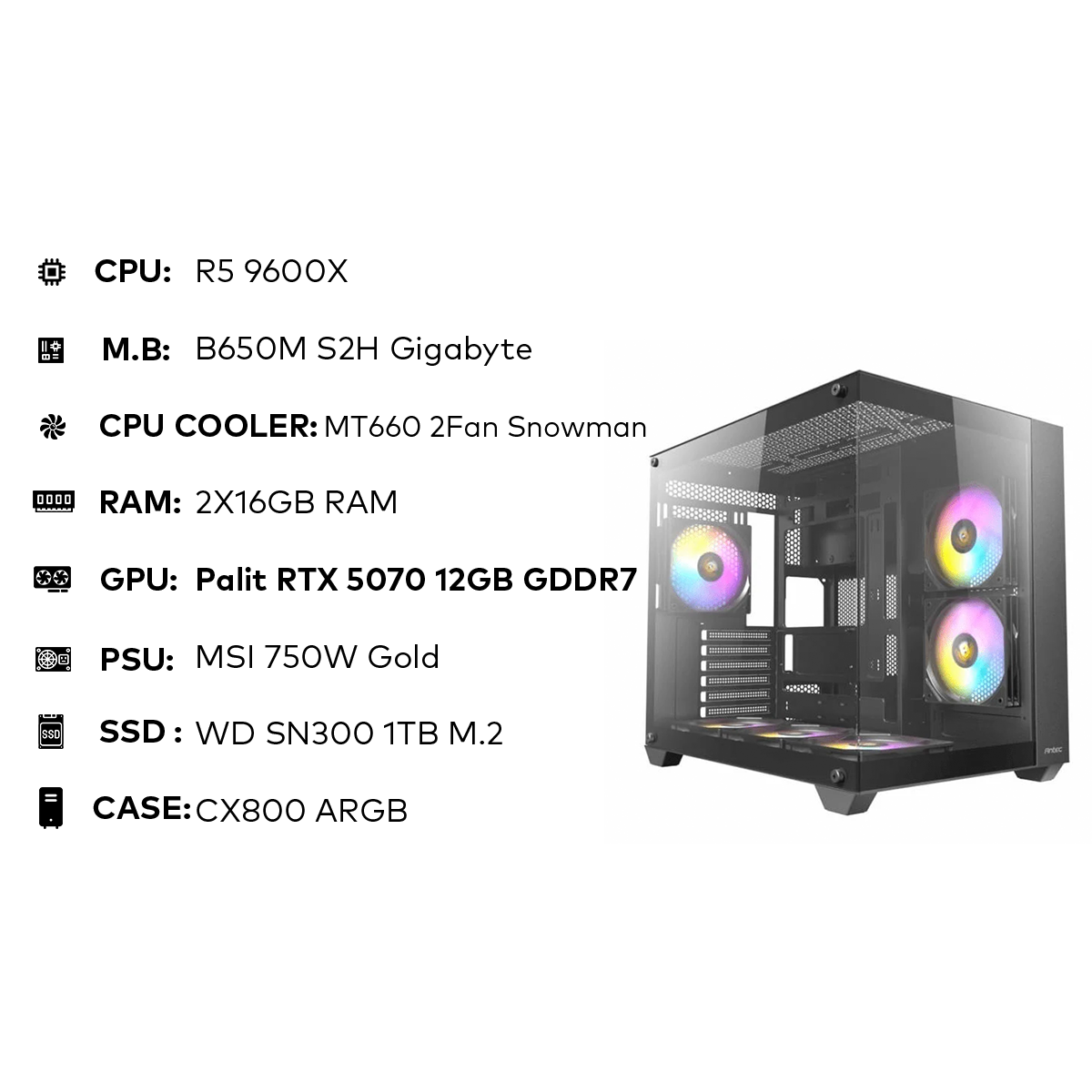 تجميعة مقترحة R5 9600X Gaming PC | 32GB DDR5 | RTX 5070 12GB | 1TB SSD | 750W