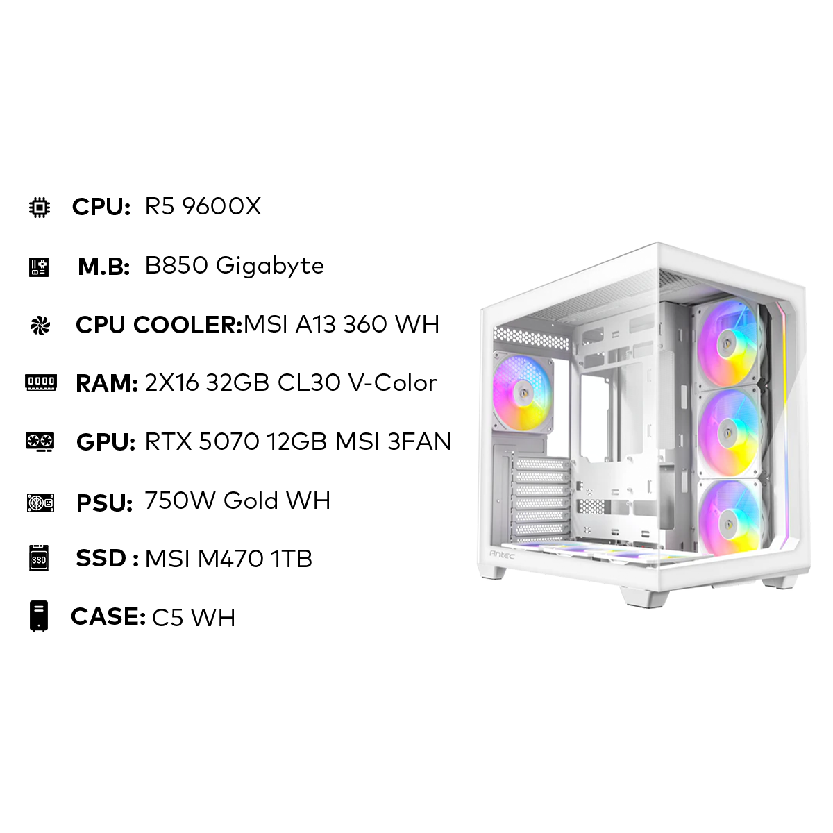 R5 9600X | 32GB 6000MHz CL30 | RTX 5070 12GB MSI 3FAN | 1TB NVMe | 750W Gold تجميعة