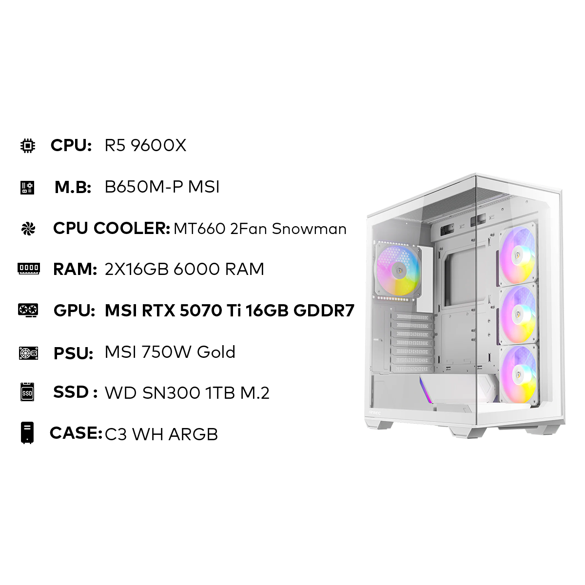 تجميعة مقترحة R5 9600X Gaming PC | 32GB DDR5 | RTX 5070Ti 16GB | 1TB SSD | 750W