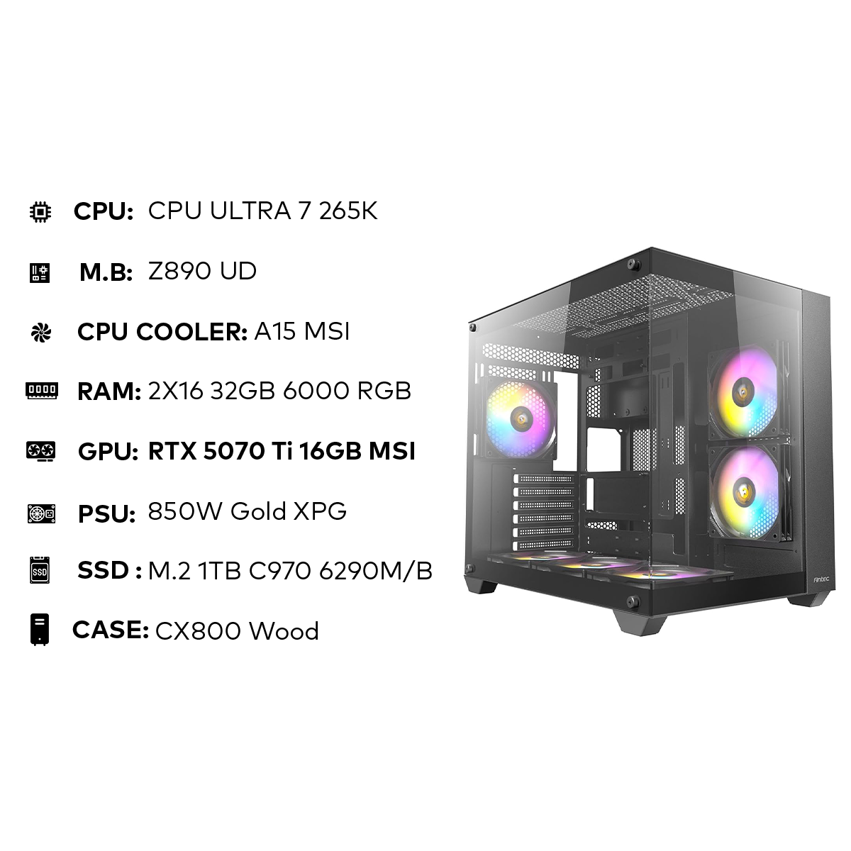 Intel Ultra 7 265K | 32GB 6000MHz RGB | RTX 5070 Ti 16GB MSI | 1TB NVMe | 850W Gold تجميعة