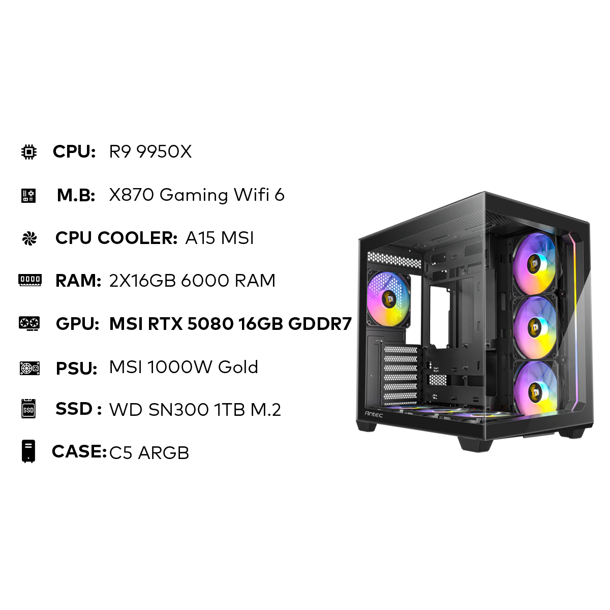 تجميعة مقترحة R9 9950X Gaming PC | 32GB DDR5 | RTX 5080 16GB | 1TB SSD | 1000W