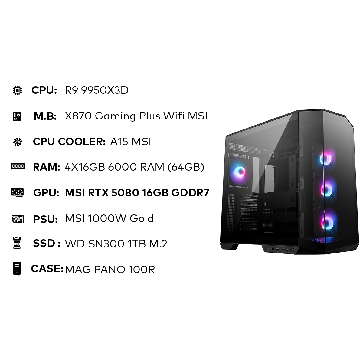 تجميعة مقترحة R9 9950X3D Gaming PC | 64GB DDR5 | RTX 5080 16GB | 1TB SSD | 1000W