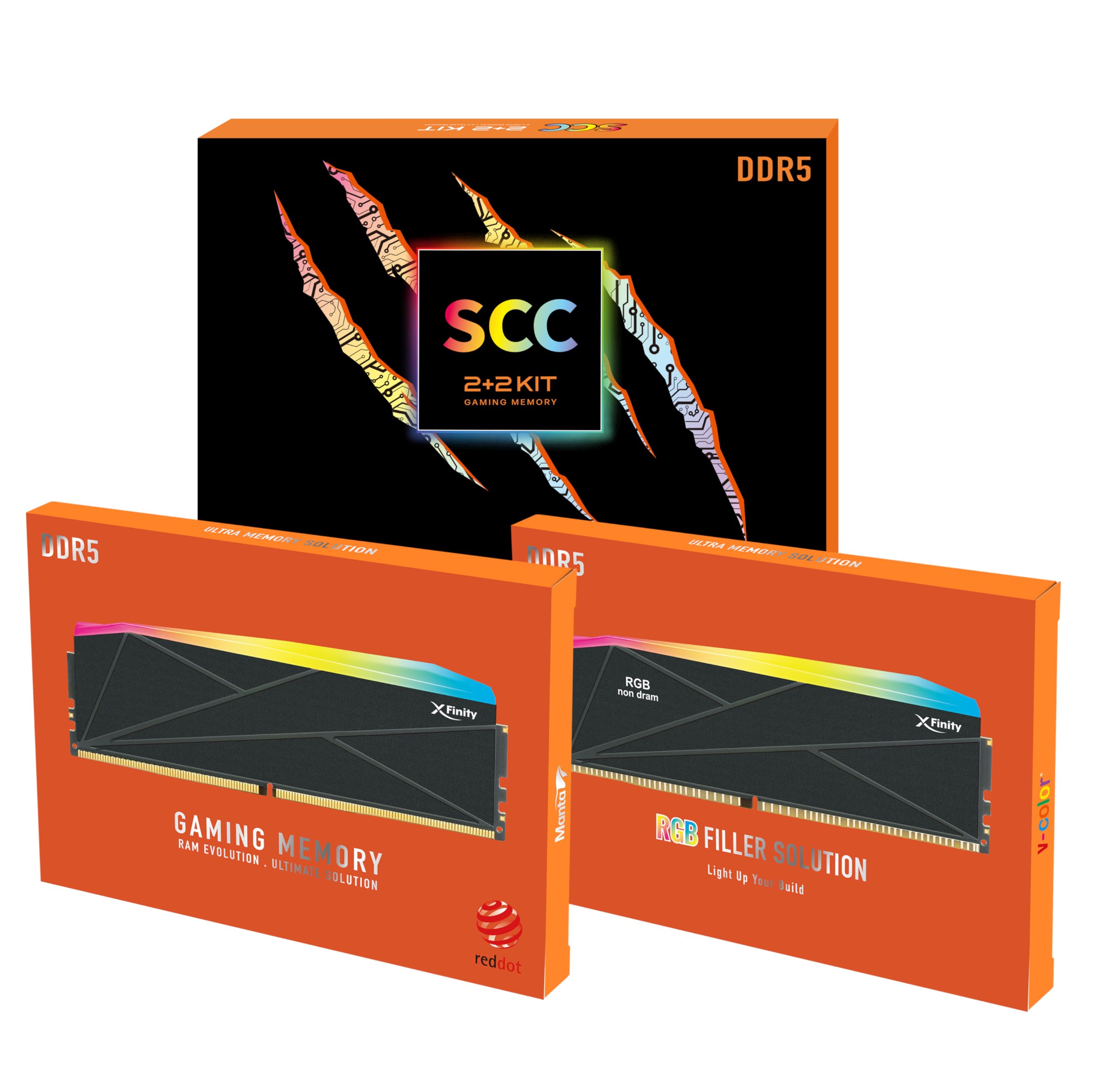 V-COLOR DDR5 SCC 2+2 KIT Manta XFinity 32GB(16GBx2) 8000MHz with RGB Filler kit CL38 1.45V RGB Gaming Desktop Upgrade RAM Memory Module - Black