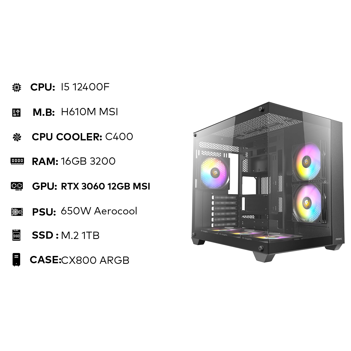 i5 12400F | 16GB 3200MHz | RTX 3060 12GB MSI | 1TB NVMe | 650W تجميعة
